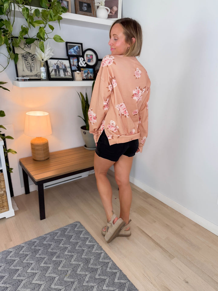 AMPERSAND AVE University Side Slit Pullover- PEACHY PETALS