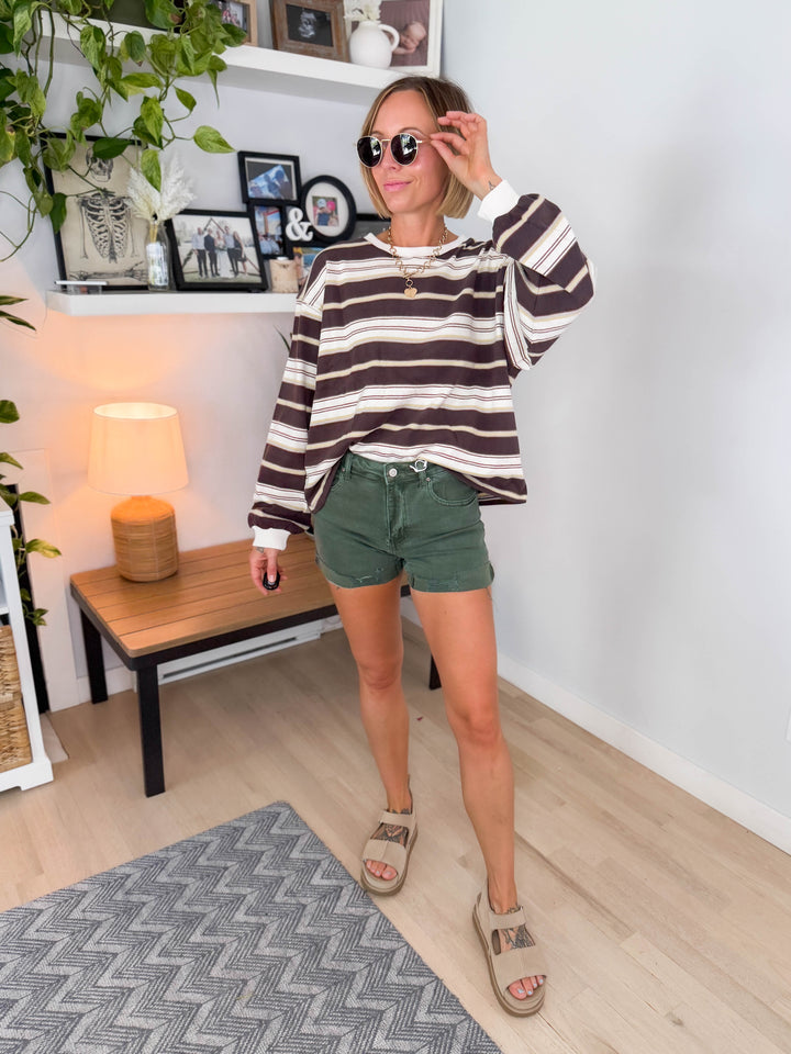 Daisee Stripe Cotton Crewneck- BROWN MULTI