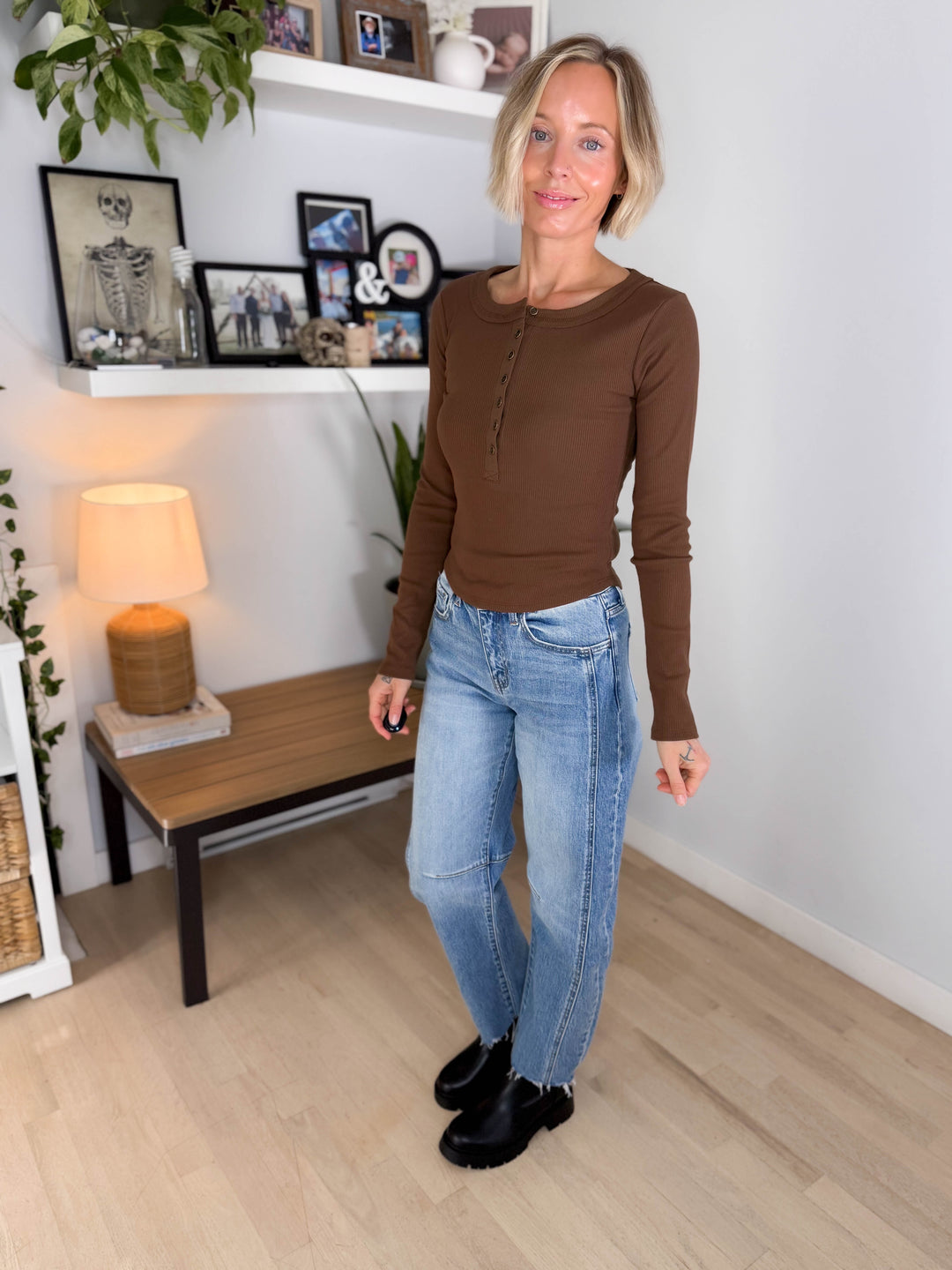 Maison Long Sleeve Ribbed Henley Top- BROWN
