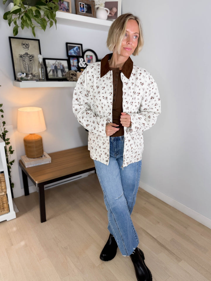 Alex Floral Corduroy Denim Jacket- IVORY/MULTI
