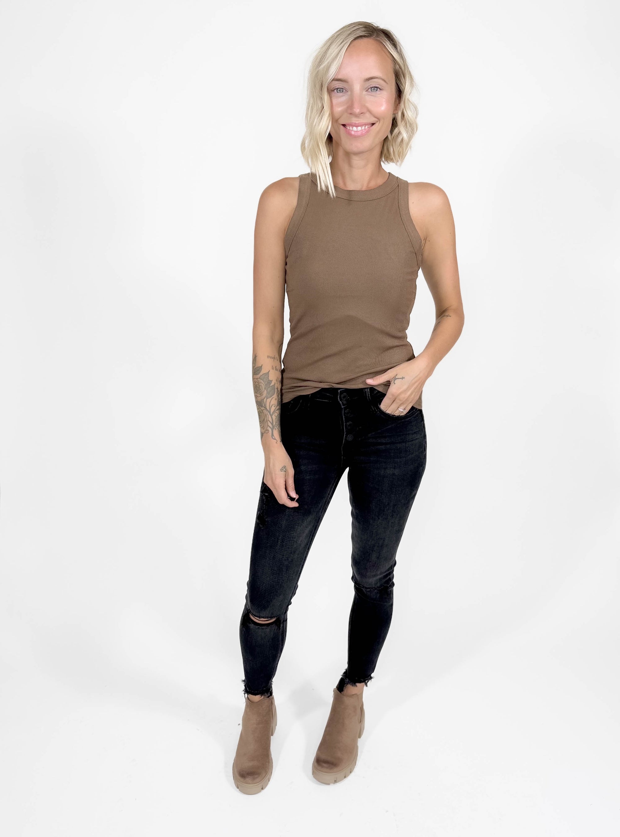 Gotta Have Ribbed Scoop Neck Tank- MOCHA-FINAL SALE