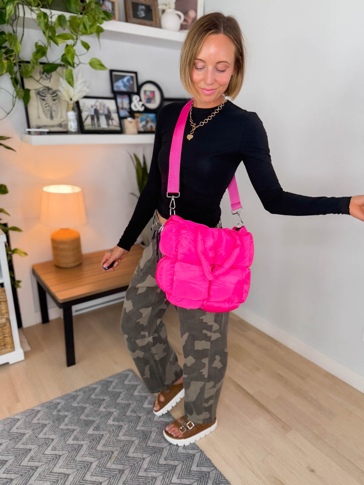 Alora Mini Quilted Puffer Tote- HOT PINK