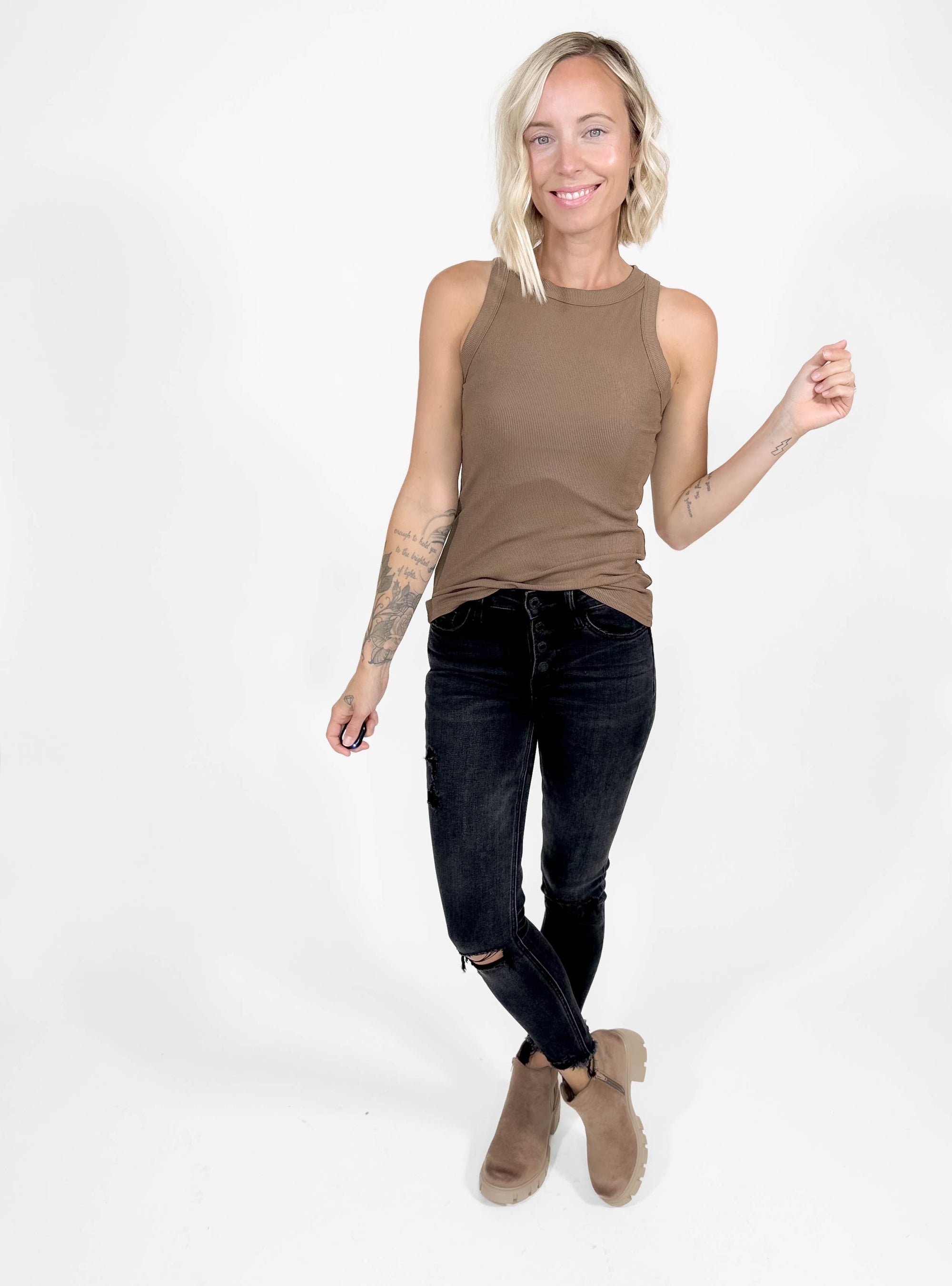 Gotta Have Ribbed Scoop Neck Tank- MOCHA-FINAL SALE