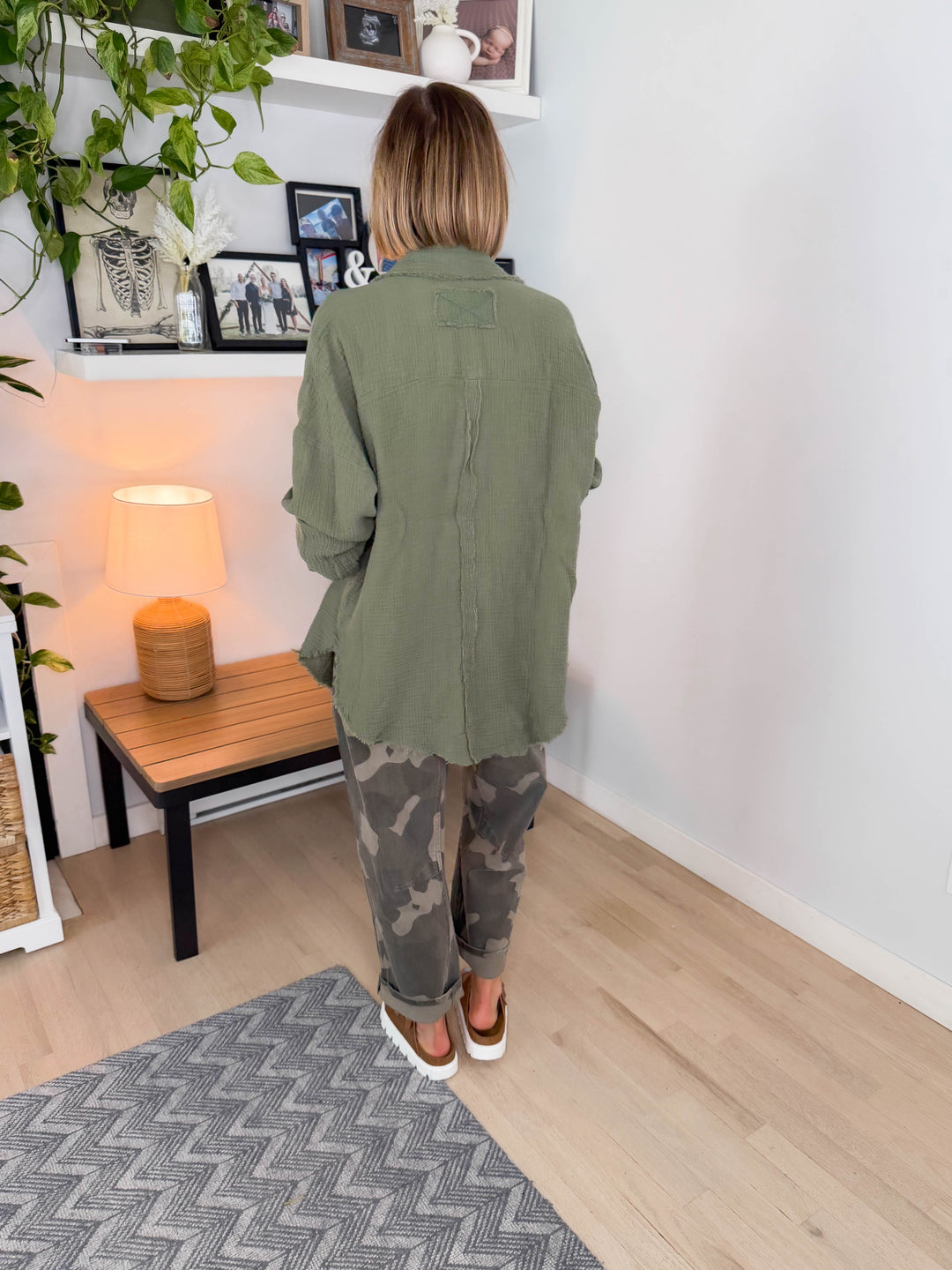 Baylea Cotton Gauze Button Down- LT OLIVE