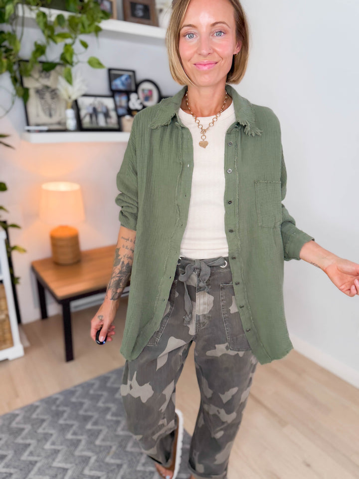 Baylea Cotton Gauze Button Down- LT OLIVE