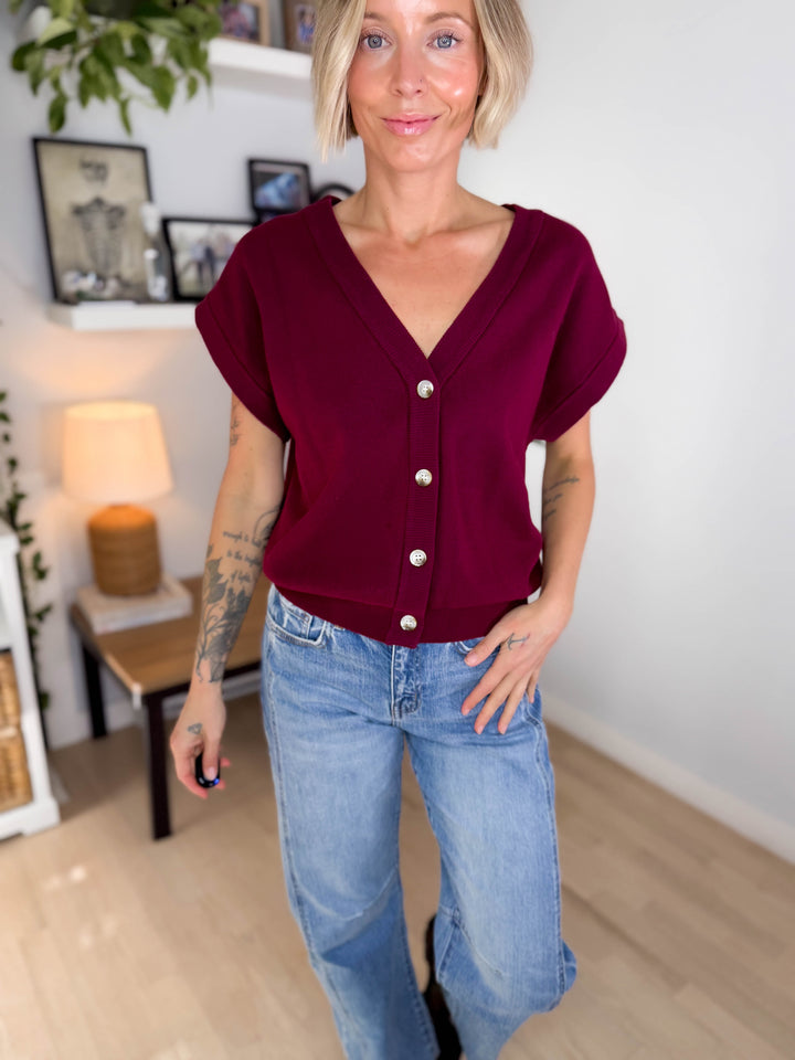 Thyme Short Sleeve Sweater- BURGUNDY