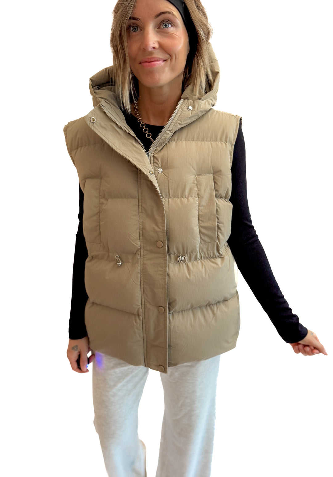 Canyon Hooded Puffer Vest- TAUPE