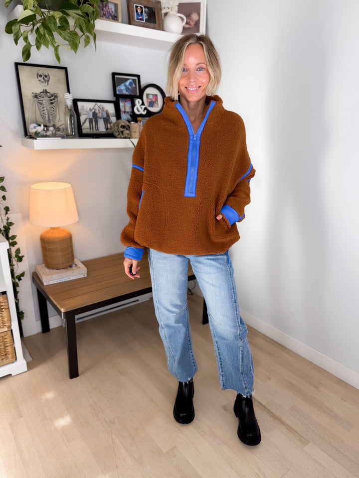 Marlow Fleece 1/2 Zip Pullover- CAMEL/BLUE