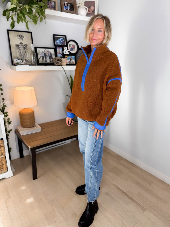 Marlow Fleece 1/2 Zip Pullover- CAMEL/BLUE