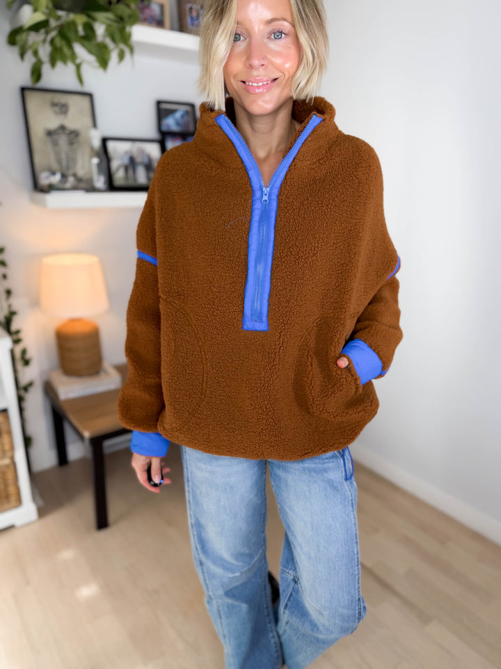Marlow Fleece 1/2 Zip Pullover- CAMEL/BLUE