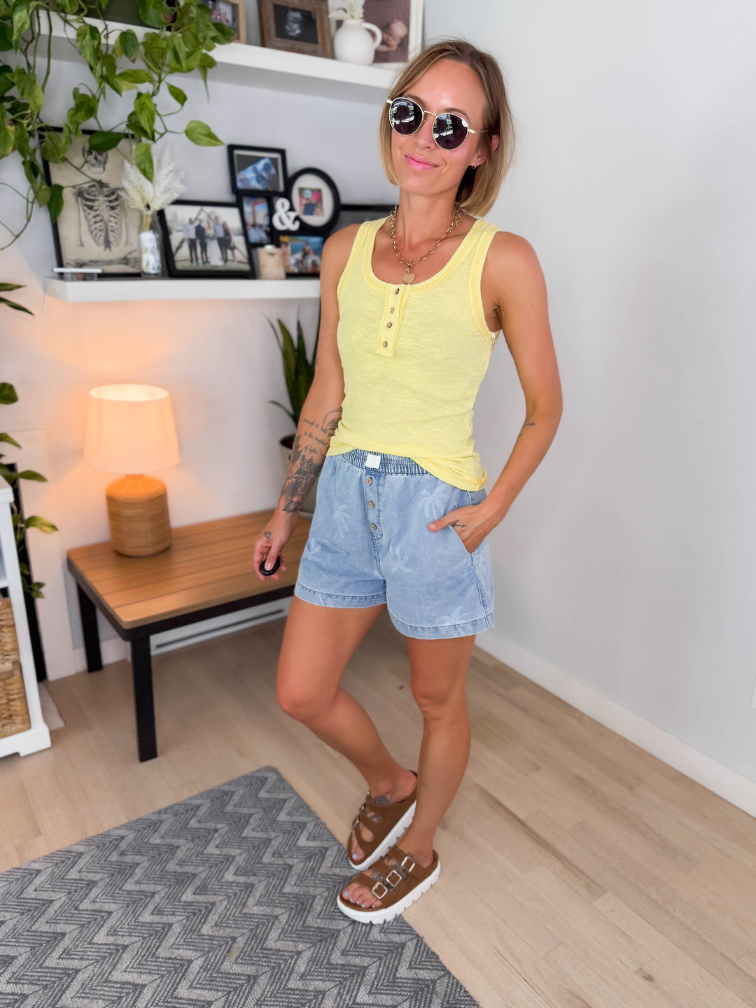 Tropical Breeze Ribbed Henley Tank- LEMON