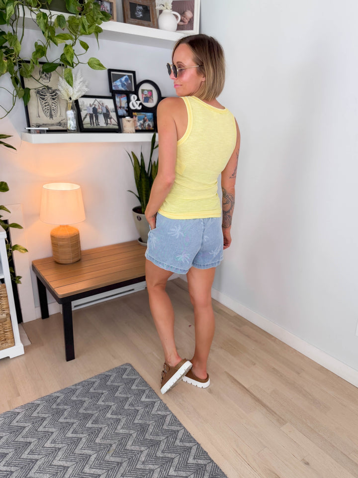 Tropical Breeze Ribbed Henley Tank- LEMON