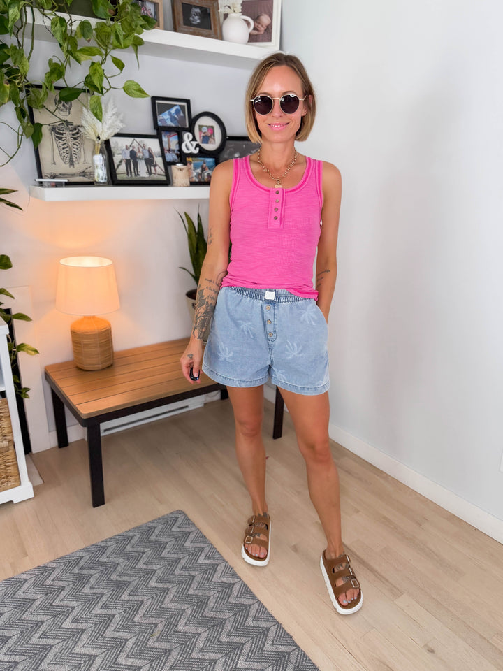 Tropical Breeze Ribbed Henley Tank- CANDY