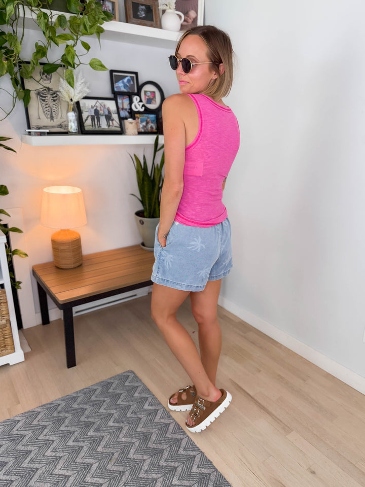 Tropical Breeze Ribbed Henley Tank- CANDY