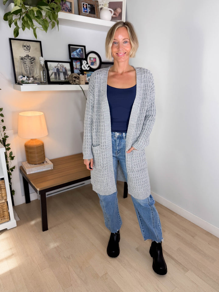Brandi Long Waffle Knit Cardigan- HEATHER GREY