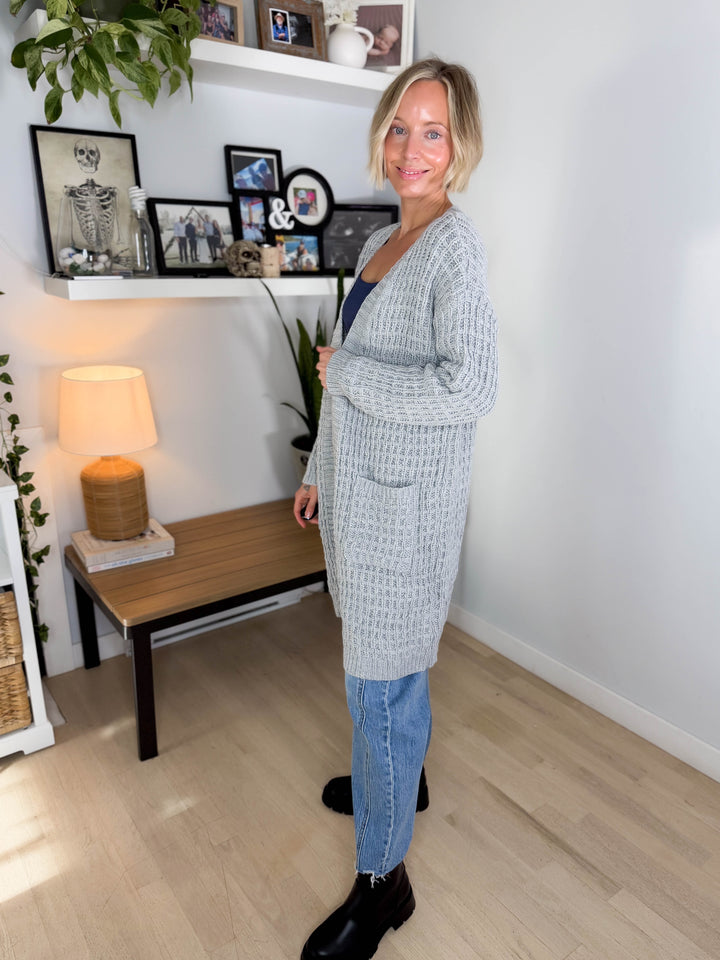 Brandi Long Waffle Knit Cardigan- HEATHER GREY