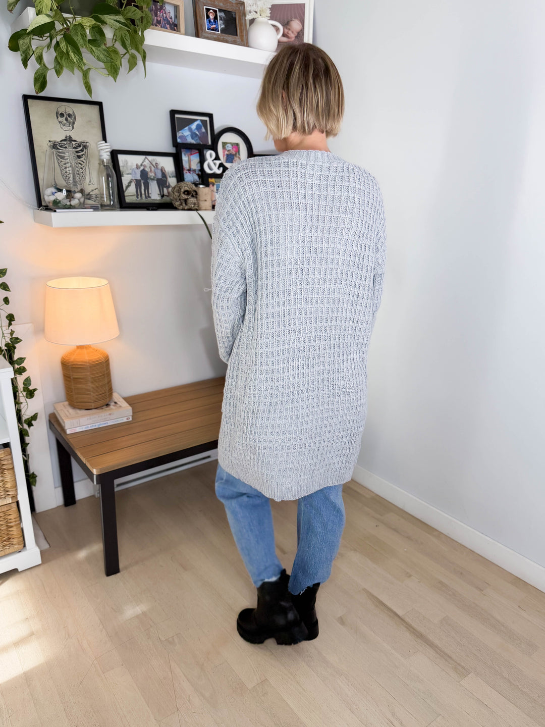 Brandi Long Waffle Knit Cardigan- HEATHER GREY