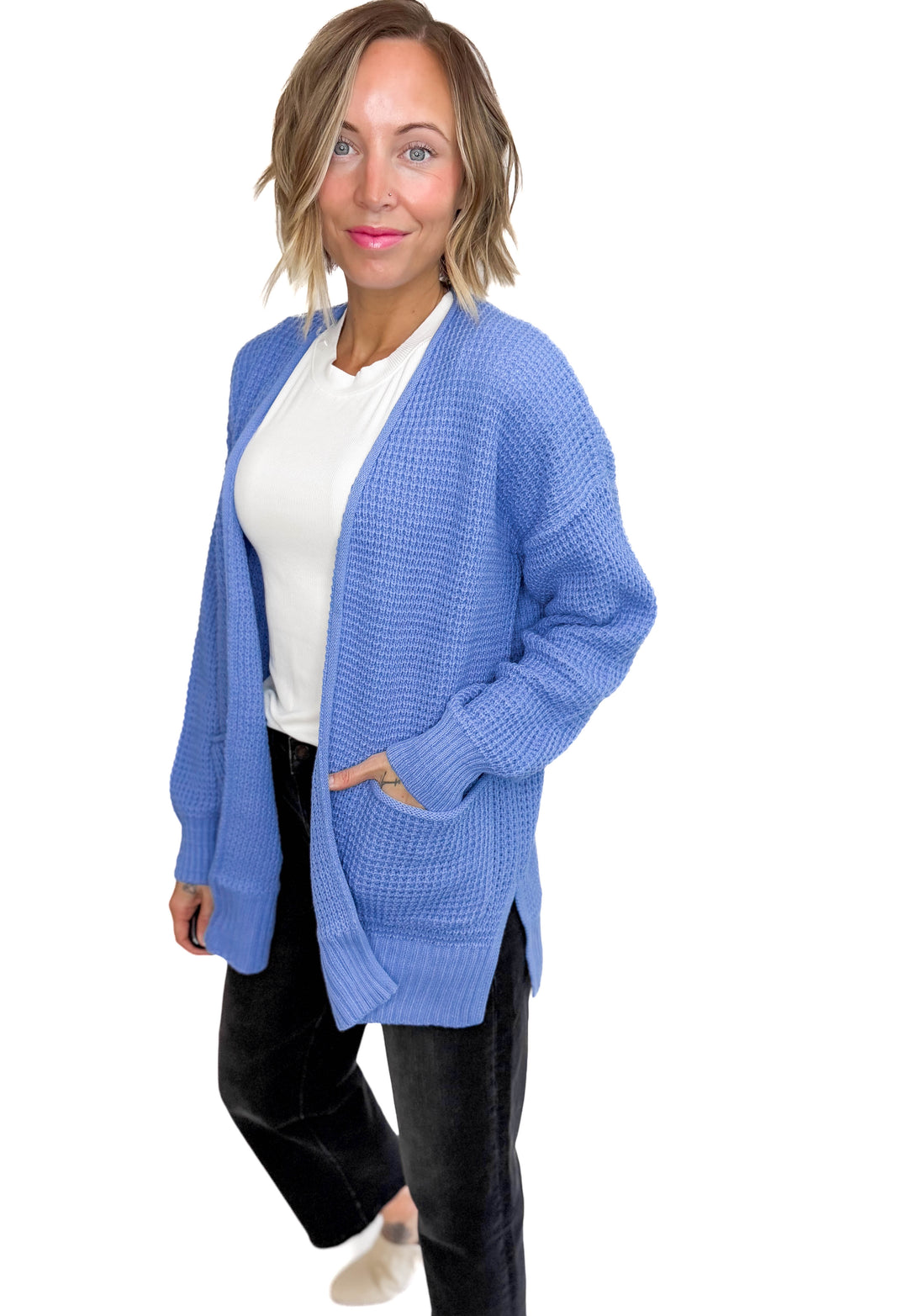 Marley Waffle Cardigan-PERIWINKLE BLUE