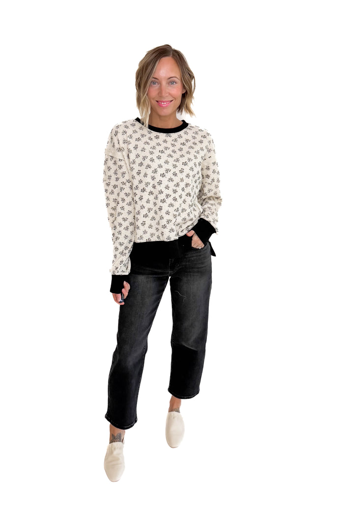 Elsa Vintage Floral Thermal Pullover- IVORY/BLACK