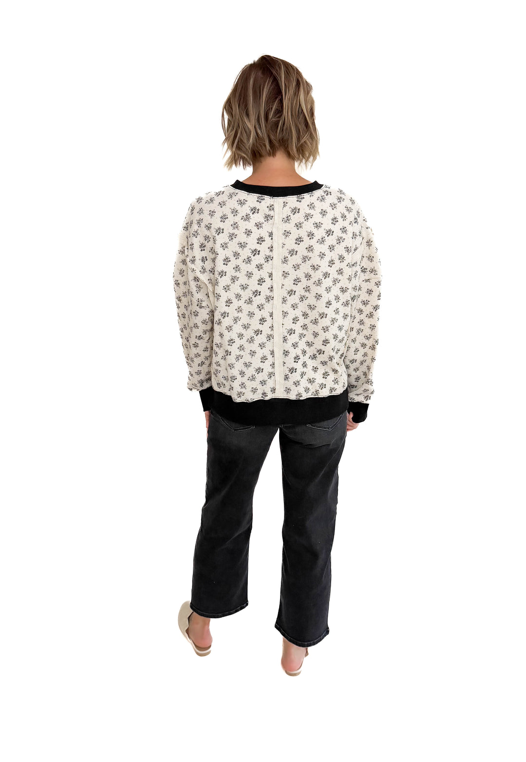 Elsa Vintage Floral Thermal Pullover- IVORY/BLACK