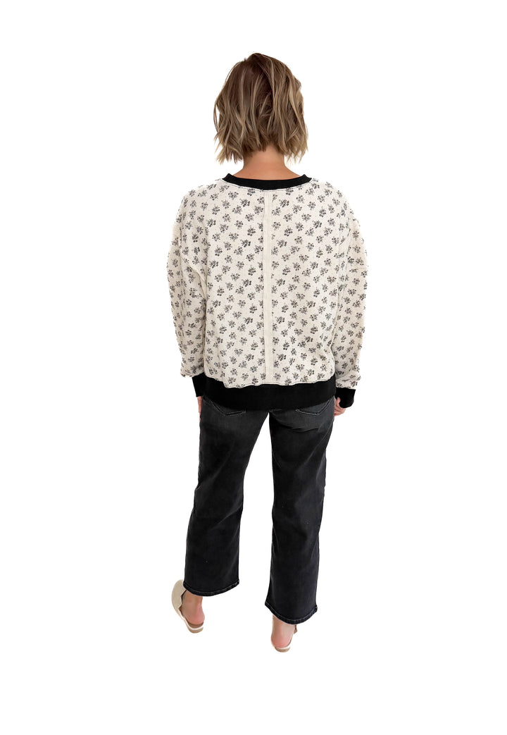 Elsa Vintage Floral Thermal Pullover- IVORY/BLACK