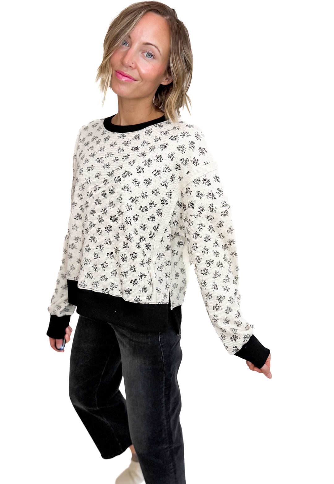 Elsa Vintage Floral Thermal Pullover- IVORY/BLACK