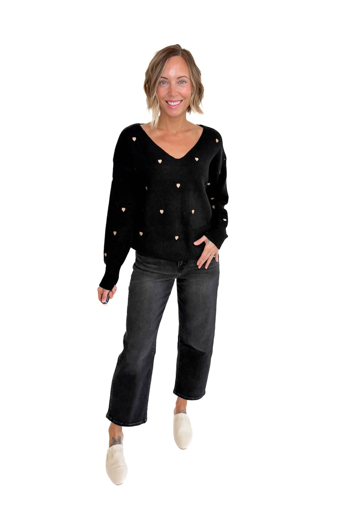 Lovely Embroidered Heart Sweater- BLACK