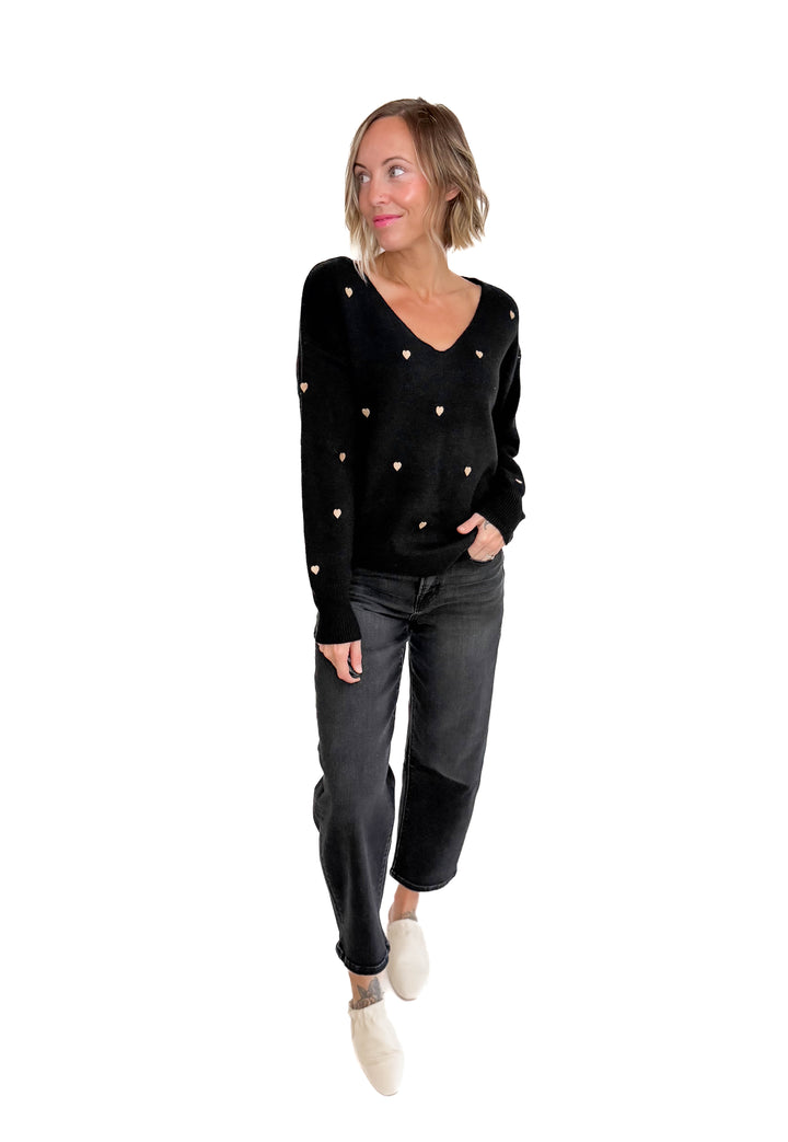 Lovely Embroidered Heart Sweater- BLACK