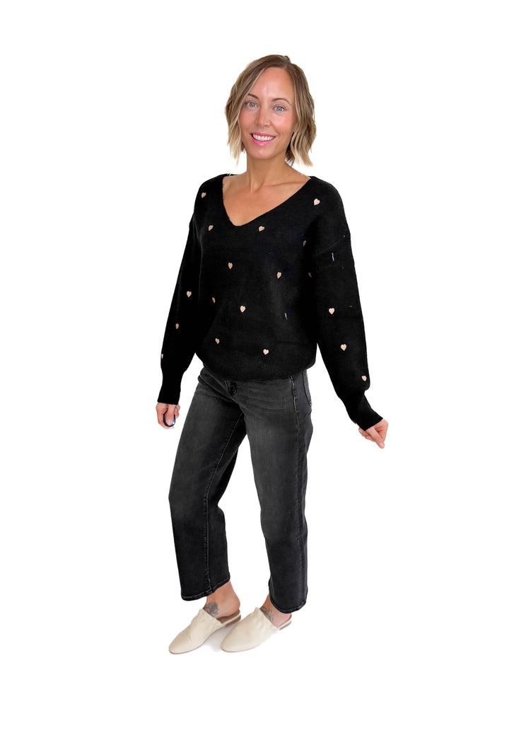 Lovely Embroidered Heart Sweater- BLACK