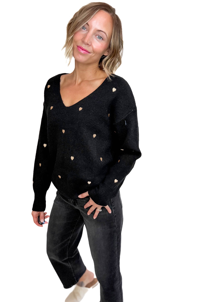 Lovely Embroidered Heart Sweater- BLACK