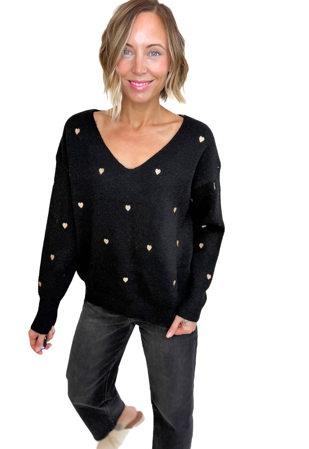 Lovely Embroidered Heart Sweater- BLACK