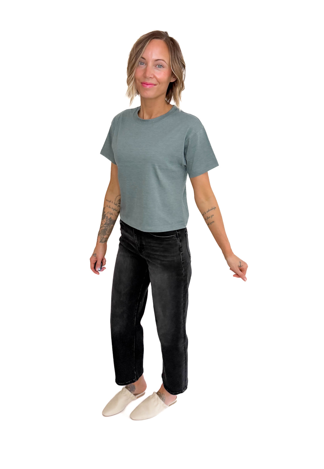 Nova Crew Neck Cropped T-Shirt- HTHR ASH JADE