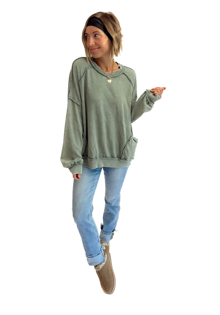 Forage Washed Pocket Pullover- JUNIPER GREEN