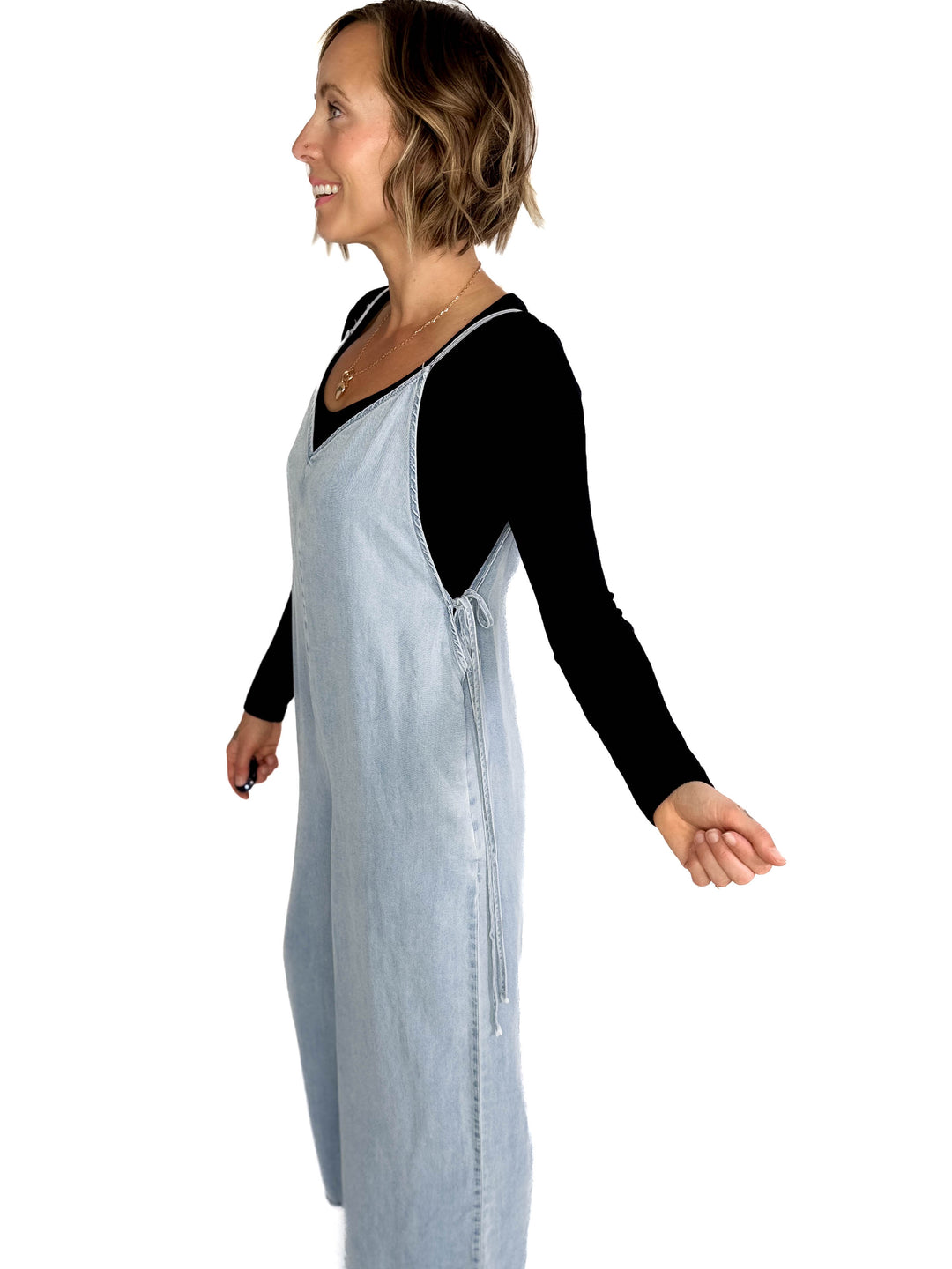 Sophia V-Neckline Wide Leg Tencel Denim Jumpsuit- LIGHT DENIM-FINAL SALE