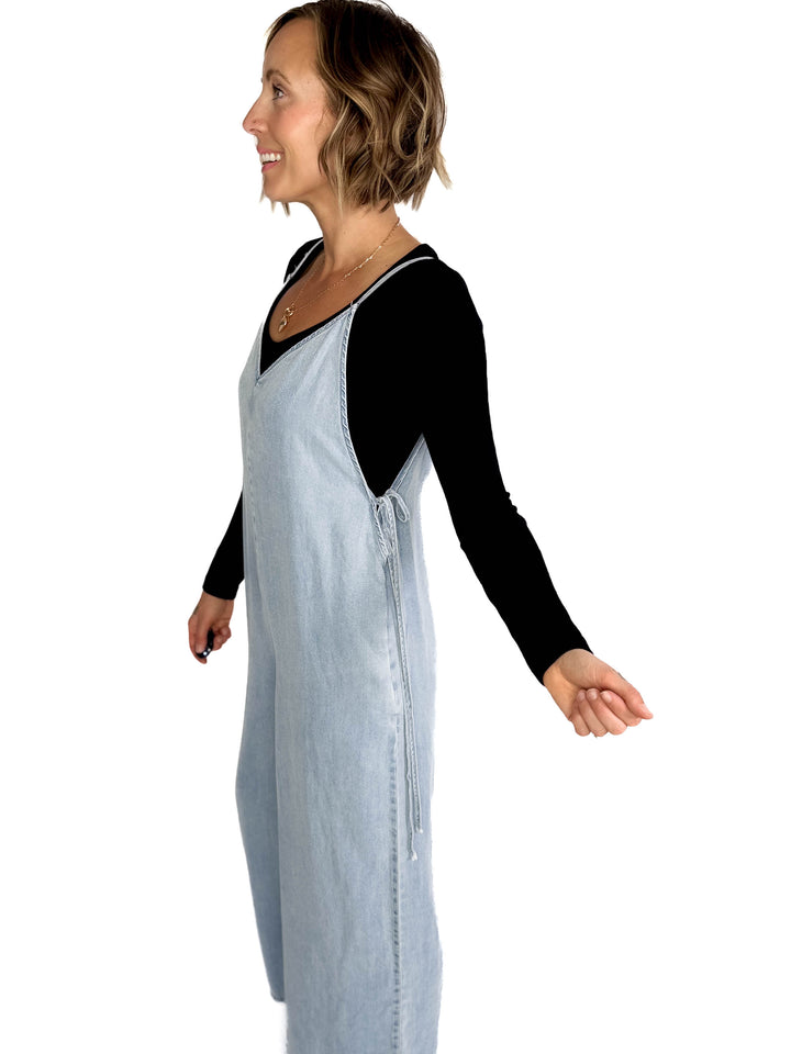 Sophia V-Neckline Wide Leg Tencel Denim Jumpsuit- LIGHT DENIM-FINAL SALE