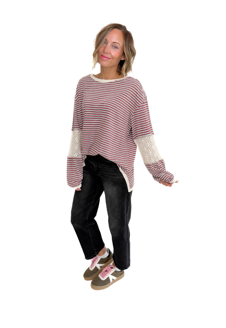 Alice Striped Tunic Pullover- RED TEAL