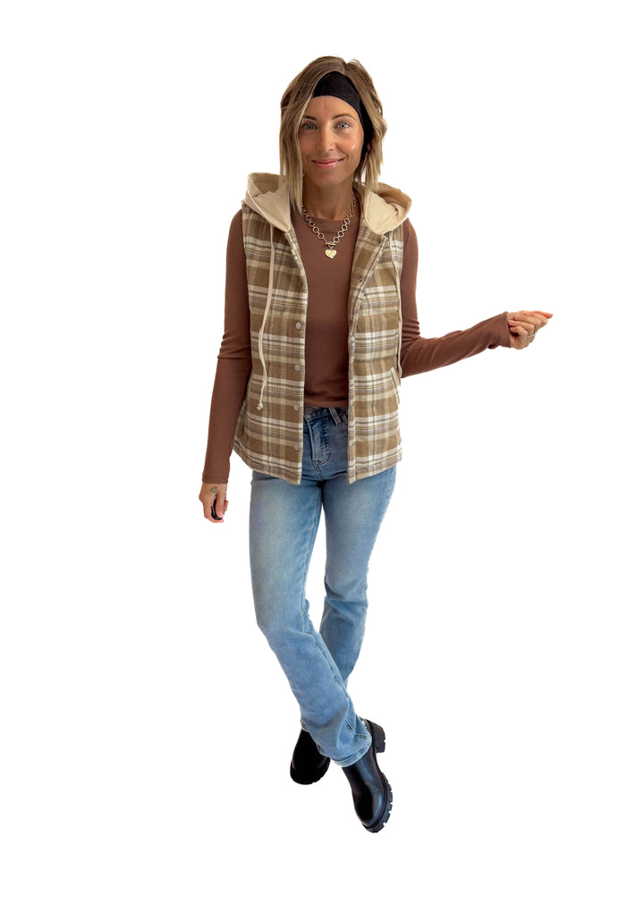 Willow Plaid Hoodie Vest- TAUPE