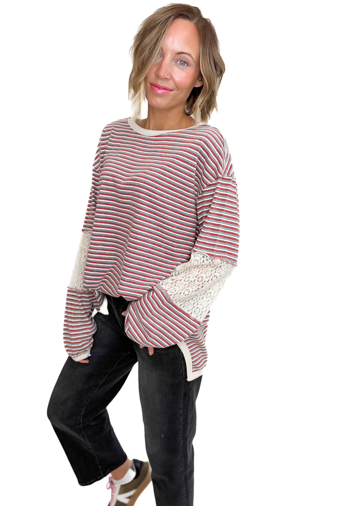 Alice Striped Tunic Pullover- RED TEAL