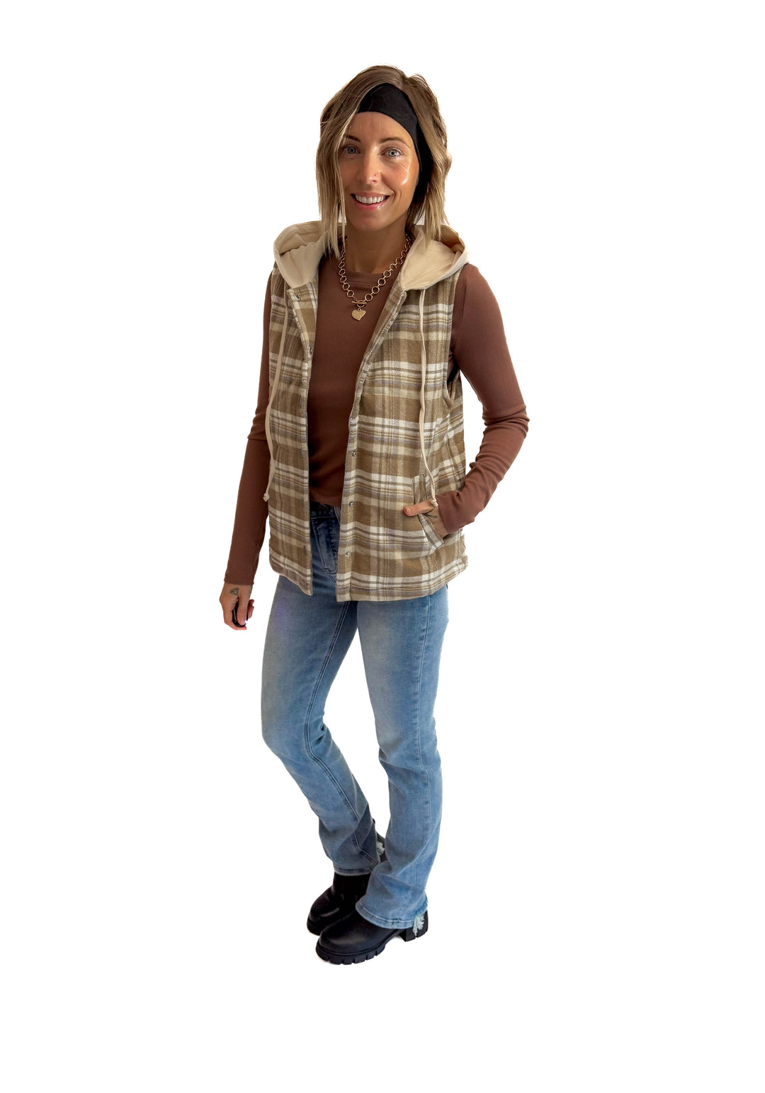 Willow Plaid Hoodie Vest- TAUPE