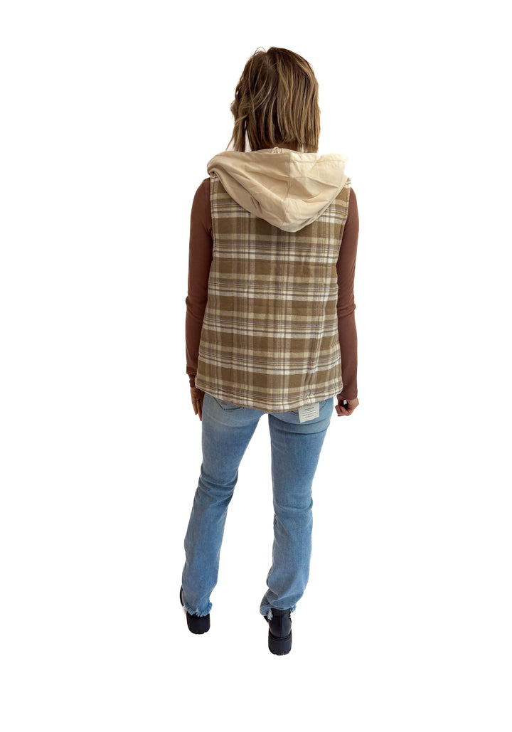 Willow Plaid Hoodie Vest- TAUPE