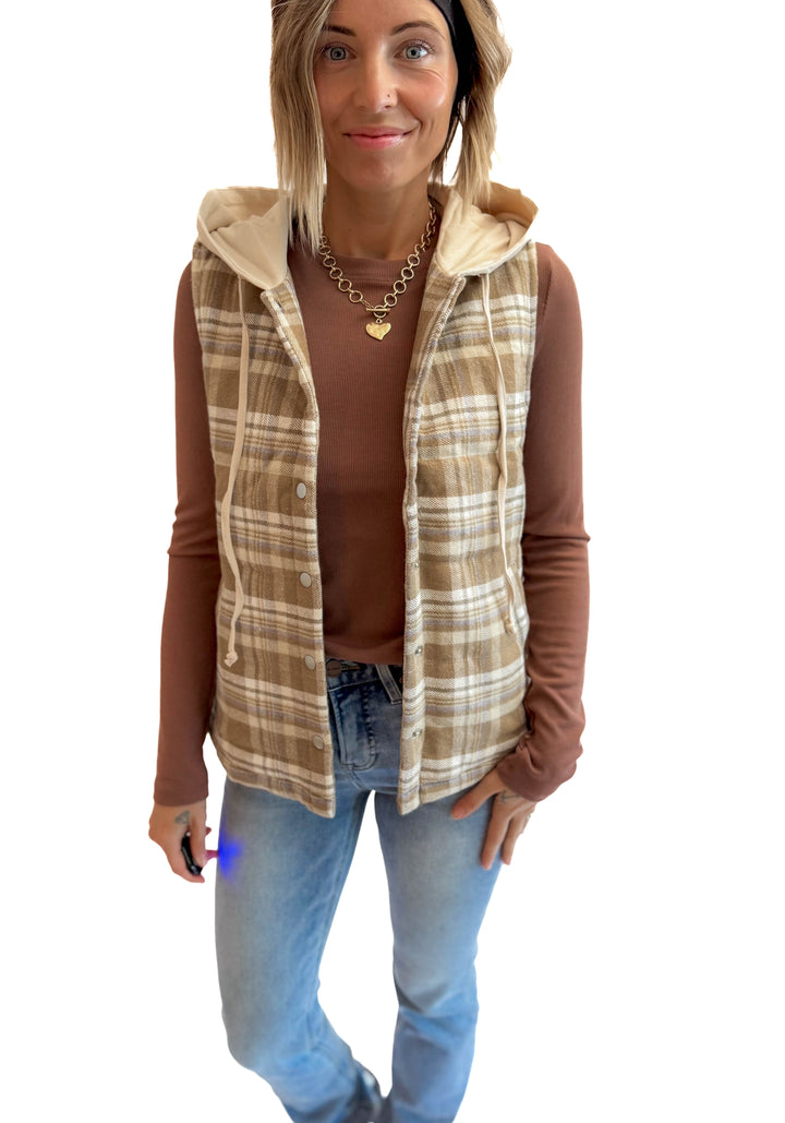 Willow Plaid Hoodie Vest- TAUPE