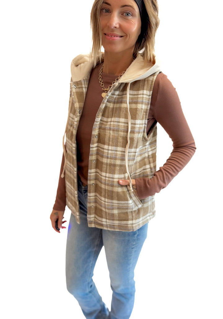Willow Plaid Hoodie Vest- TAUPE