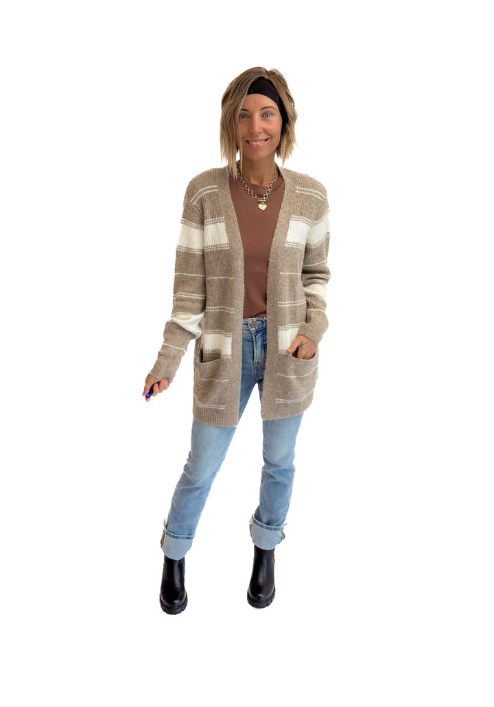 Anvil Striped Pocket Cardigan- CREAM/MOCHA