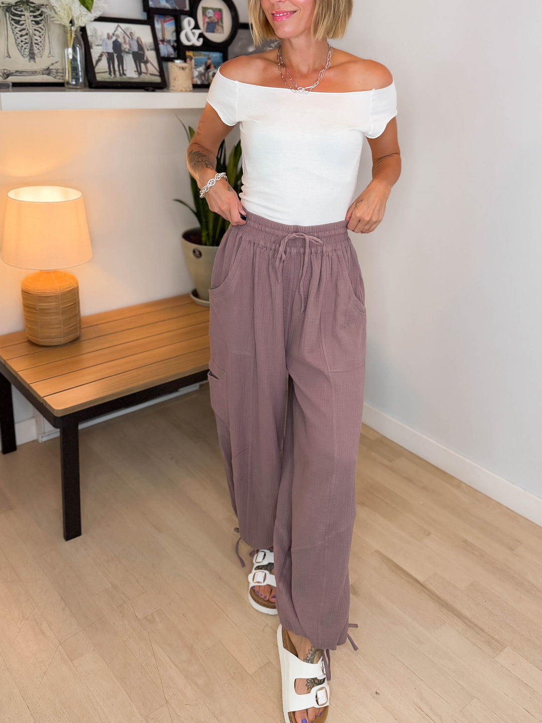 Goldie Cotton Gauze Harem Jogger- MUSHROOM