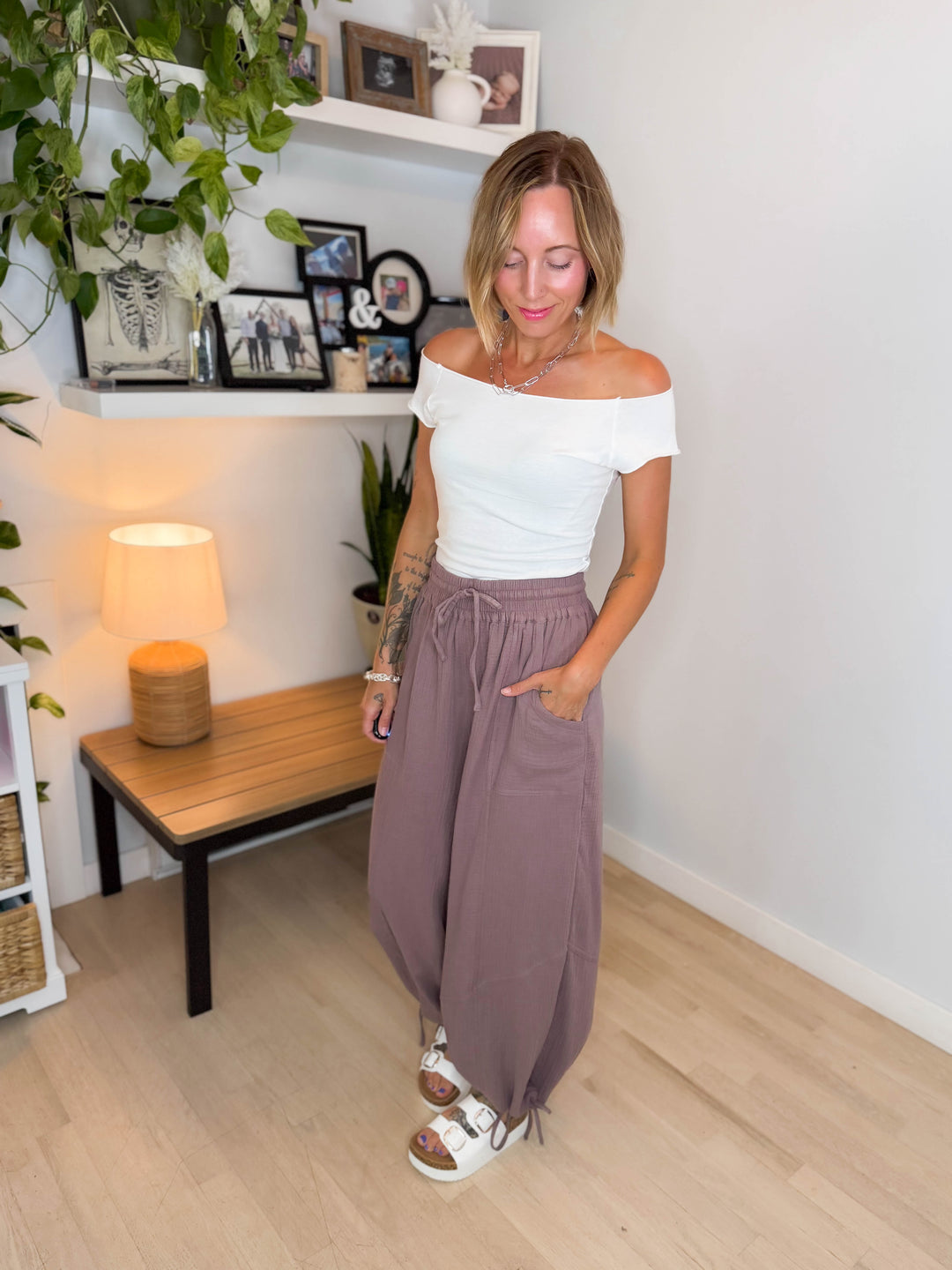 Goldie Cotton Gauze Harem Jogger- MUSHROOM