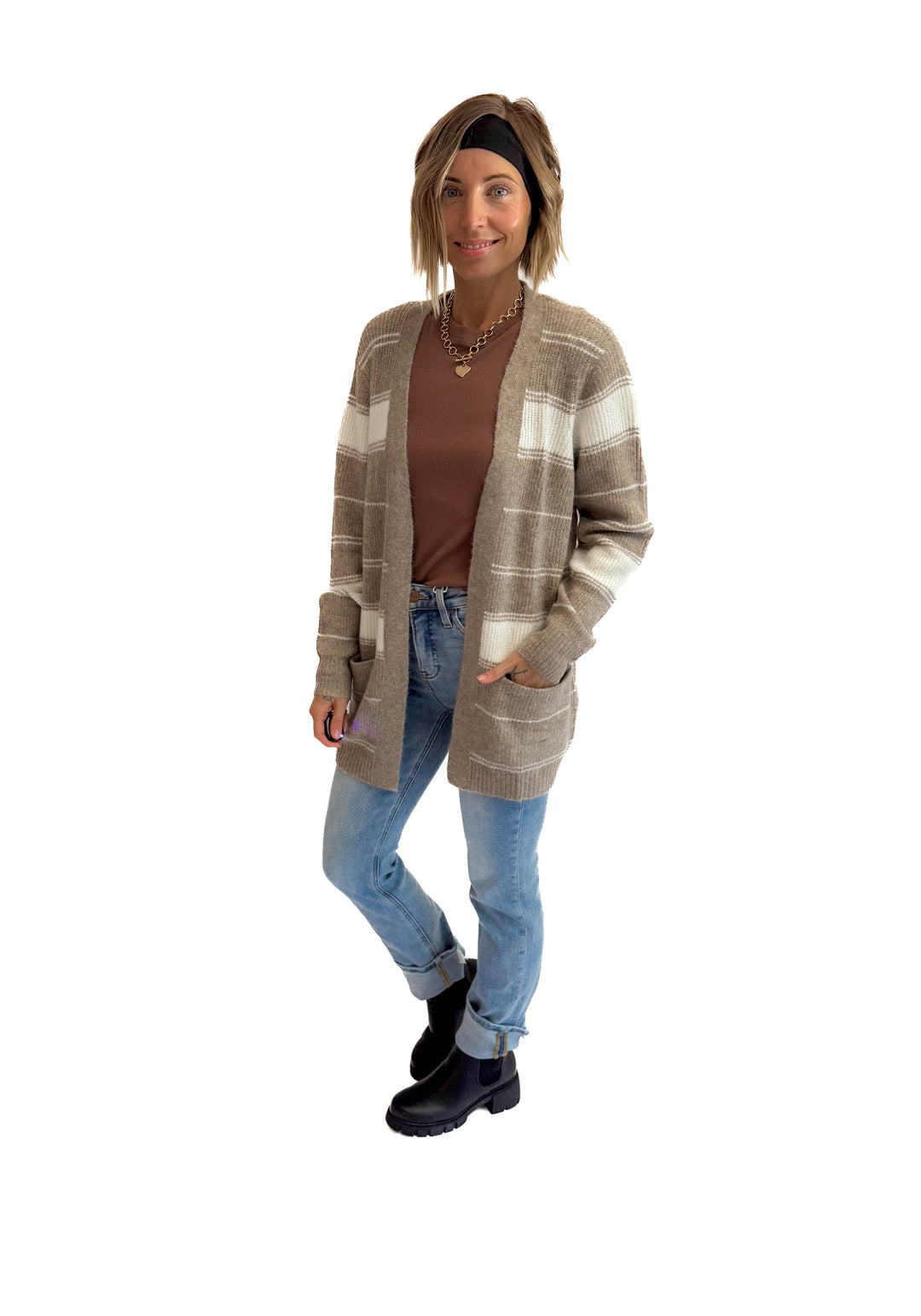 Anvil Striped Pocket Cardigan- CREAM/MOCHA