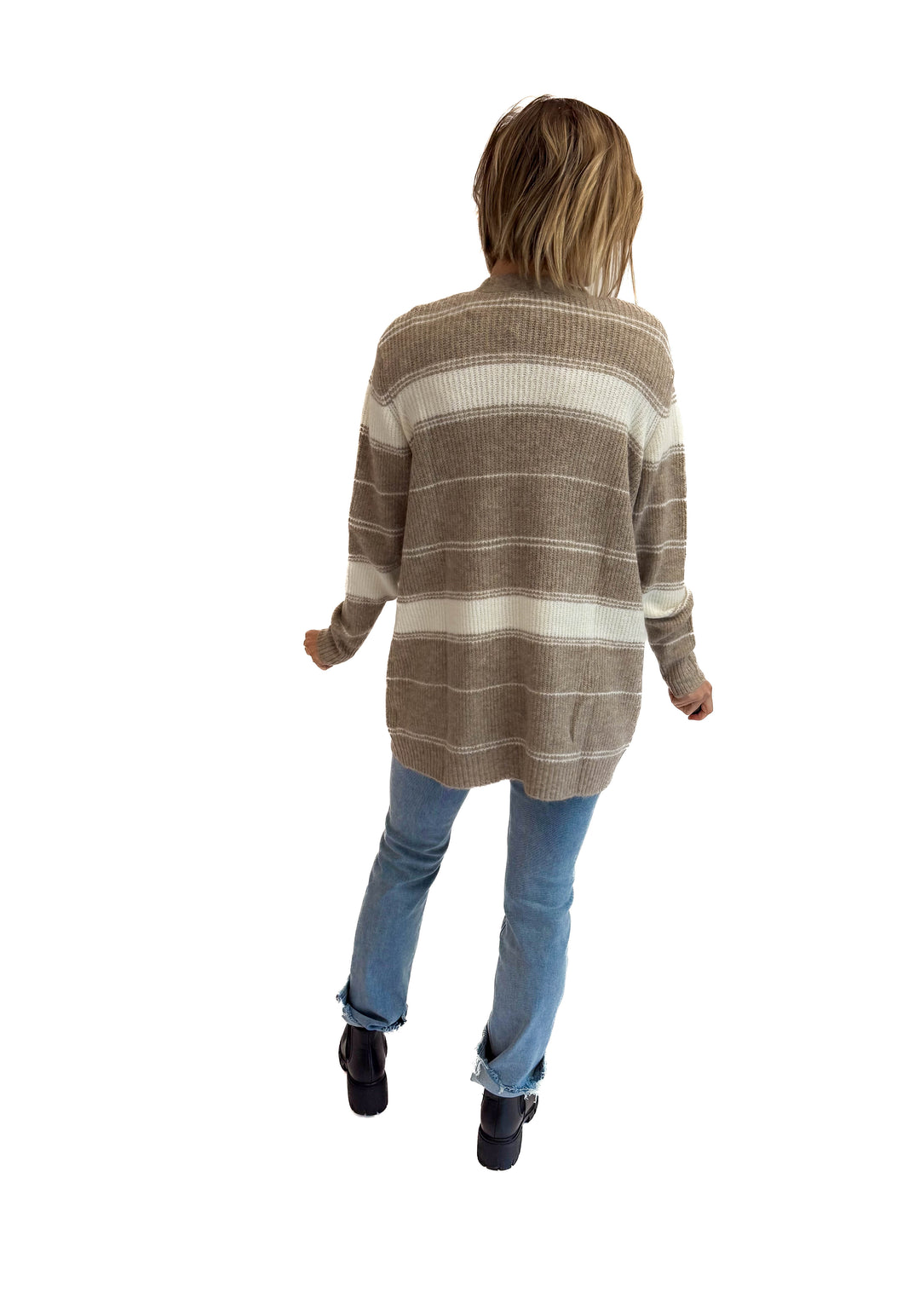 Anvil Striped Pocket Cardigan- CREAM/MOCHA