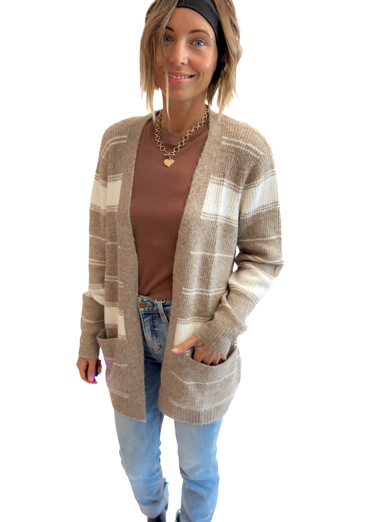 Anvil Striped Pocket Cardigan- CREAM/MOCHA