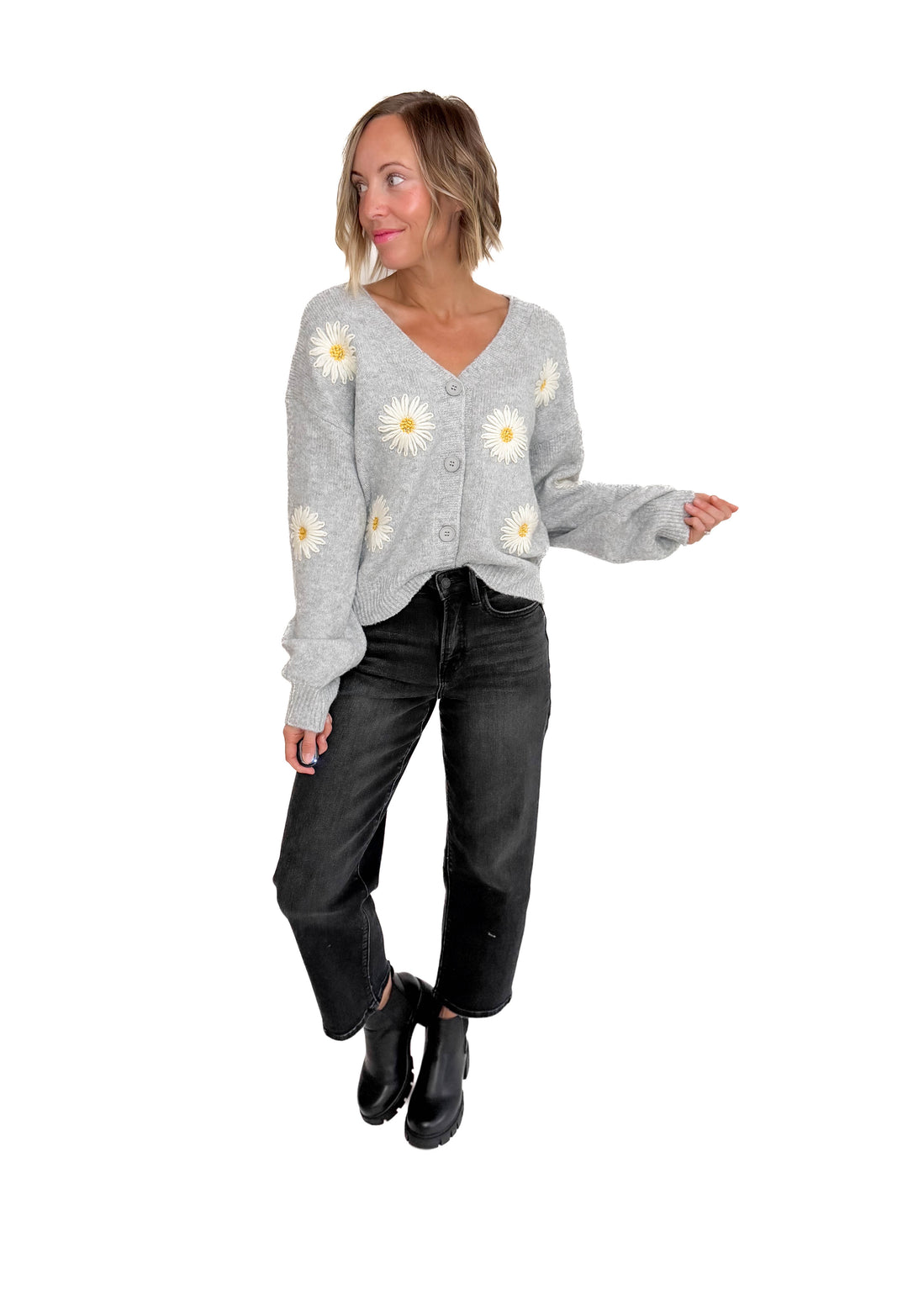 Justine Daisy Button Down Cardigan- GREY