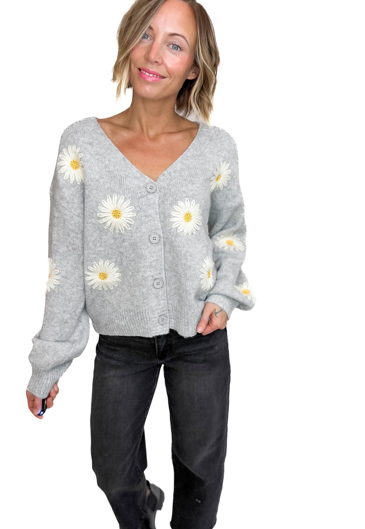 Justine Daisy Button Down Cardigan- GREY